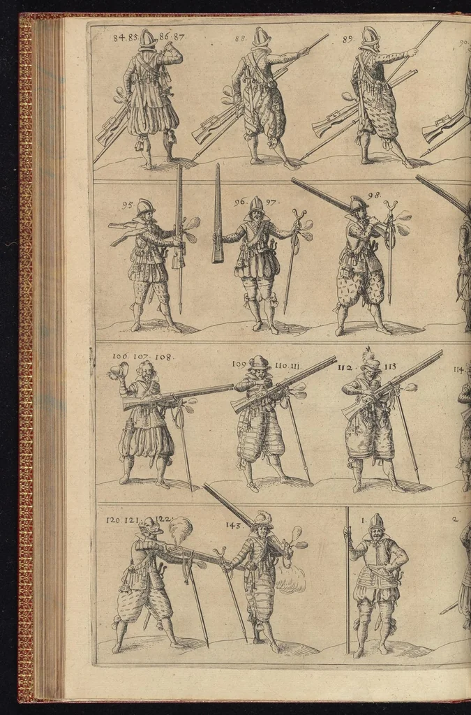 An illustration from L'art militaire pour l'infanterie : au quel est monstré I. Le maniement du mousquet & de la pique, un chascun en particulier, II. L'exercice d'une compagnie d'infanterie, selon la pratique du ... chef de guerre Maurice prince d'Orange ... declaré augmenté et corrigé, III. Belles & novelles ordonnances de batailles ... IV. La discipline militaire de l'infanterie, qui jusqu'a present a esté vsitée es regimens ongrois ..., 1615, leaf 175