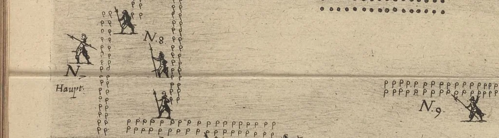 An illustration from L'art militaire pour l'infanterie : au quel est monstré I. Le maniement du mousquet & de la pique, un chascun en particulier, II. L'exercice d'une compagnie d'infanterie, selon la pratique du ... chef de guerre Maurice prince d'Orange ... declaré augmenté et corrigé, III. Belles & novelles ordonnances de batailles ... IV. La discipline militaire de l'infanterie, qui jusqu'a present a esté vsitée es regimens ongrois ..., 1615, leaf 233