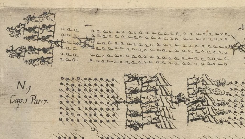 An illustration from L'art militaire pour l'infanterie : au quel est monstré I. Le maniement du mousquet & de la pique, un chascun en particulier, II. L'exercice d'une compagnie d'infanterie, selon la pratique du ... chef de guerre Maurice prince d'Orange ... declaré augmenté et corrigé, III. Belles & novelles ordonnances de batailles ... IV. La discipline militaire de l'infanterie, qui jusqu'a present a esté vsitée es regimens ongrois ..., 1615, leaf 263