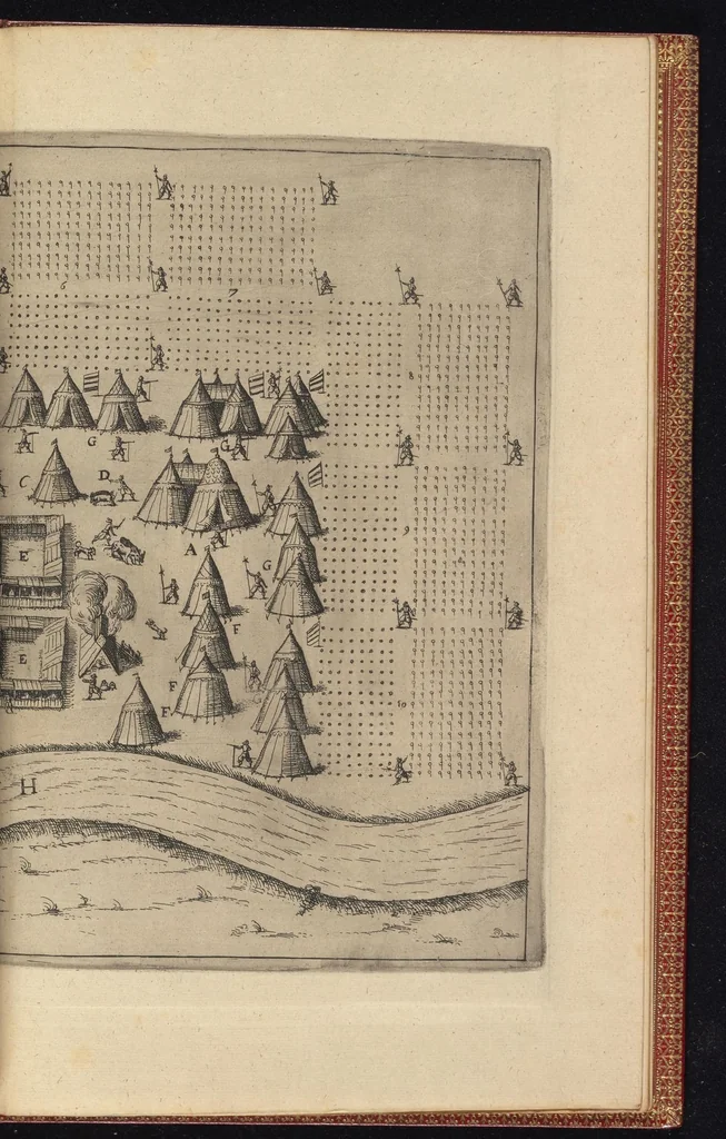 An illustration from L'art militaire pour l'infanterie : au quel est monstré I. Le maniement du mousquet & de la pique, un chascun en particulier, II. L'exercice d'une compagnie d'infanterie, selon la pratique du ... chef de guerre Maurice prince d'Orange ... declaré augmenté et corrigé, III. Belles & novelles ordonnances de batailles ... IV. La discipline militaire de l'infanterie, qui jusqu'a present a esté vsitée es regimens ongrois ..., 1615, leaf 284