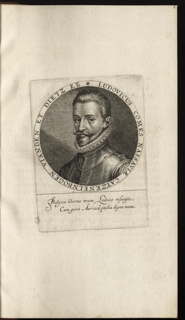 An illustration from Nassovischen oraignien-boom : daer by ghevoecht, de conterfeytsels der voornaemster helden, die vvt desen stam ghesproten zijn, die hen (in tyden van oorlogen) in dese Vrye-landen ghebruyckt hebben = Malus aurantius Nassovicus : continens simulachra heroum ex illustrissi stirpe Nassovica or. quorum consilio et armis libertas provinciar. confoed. Belgij hactenus conservata et defensa est, 1615, leaf 28