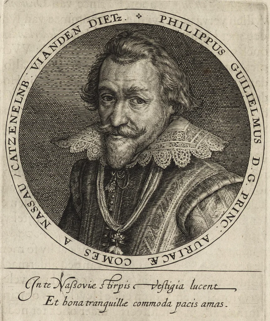 An illustration from Nassovischen oraignien-boom : daer by ghevoecht, de conterfeytsels der voornaemster helden, die vvt desen stam ghesproten zijn, die hen (in tyden van oorlogen) in dese Vrye-landen ghebruyckt hebben = Malus aurantius Nassovicus : continens simulachra heroum ex illustrissi stirpe Nassovica or. quorum consilio et armis libertas provinciar. confoed. Belgij hactenus conservata et defensa est, 1615, leaf 32