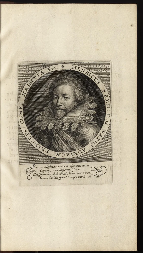 An illustration from Nassovischen oraignien-boom : daer by ghevoecht, de conterfeytsels der voornaemster helden, die vvt desen stam ghesproten zijn, die hen (in tyden van oorlogen) in dese Vrye-landen ghebruyckt hebben = Malus aurantius Nassovicus : continens simulachra heroum ex illustrissi stirpe Nassovica or. quorum consilio et armis libertas provinciar. confoed. Belgij hactenus conservata et defensa est, 1615, leaf 36