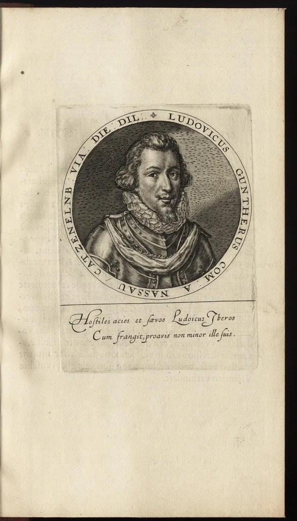 An illustration from Nassovischen oraignien-boom : daer by ghevoecht, de conterfeytsels der voornaemster helden, die vvt desen stam ghesproten zijn, die hen (in tyden van oorlogen) in dese Vrye-landen ghebruyckt hebben = Malus aurantius Nassovicus : continens simulachra heroum ex illustrissi stirpe Nassovica or. quorum consilio et armis libertas provinciar. confoed. Belgij hactenus conservata et defensa est, 1615, leaf 42
