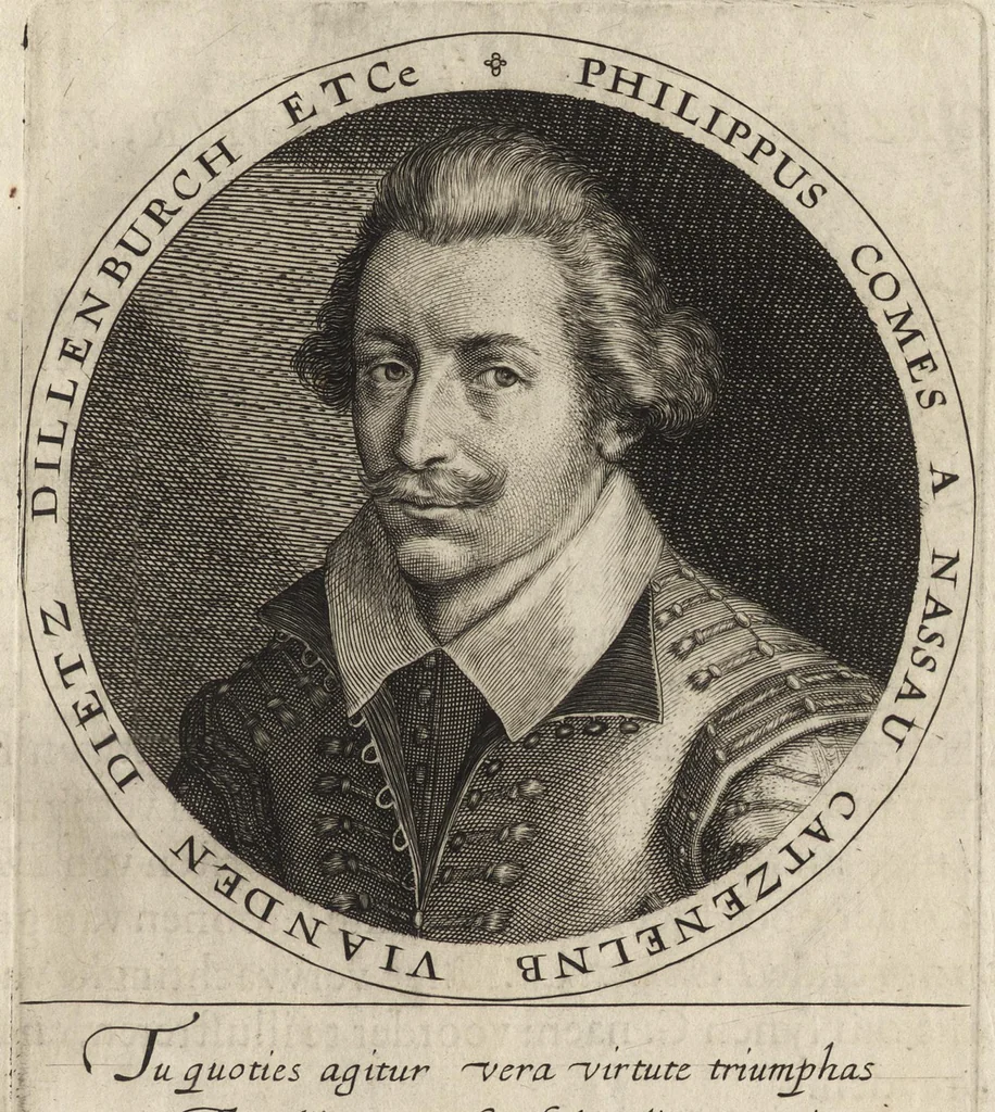 An illustration from Nassovischen oraignien-boom : daer by ghevoecht, de conterfeytsels der voornaemster helden, die vvt desen stam ghesproten zijn, die hen (in tyden van oorlogen) in dese Vrye-landen ghebruyckt hebben = Malus aurantius Nassovicus : continens simulachra heroum ex illustrissi stirpe Nassovica or. quorum consilio et armis libertas provinciar. confoed. Belgij hactenus conservata et defensa est, 1615, leaf 44