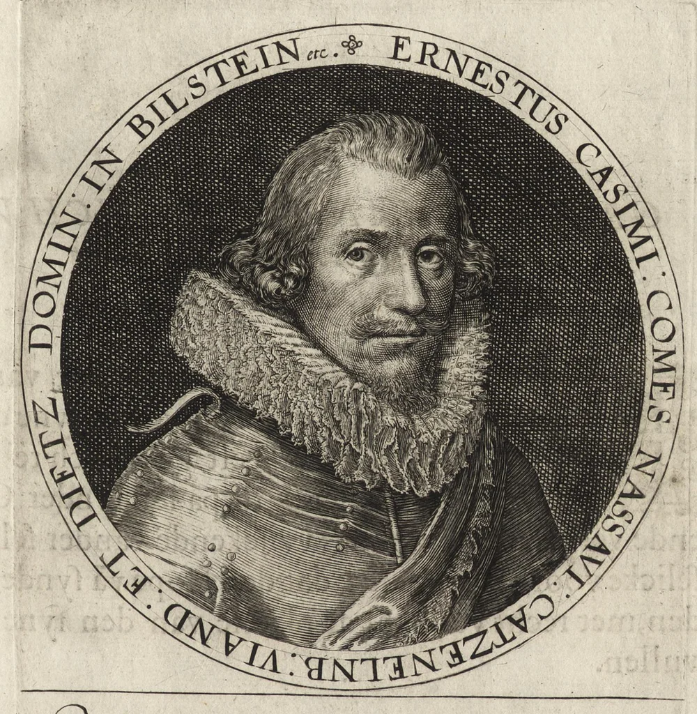 An illustration from Nassovischen oraignien-boom : daer by ghevoecht, de conterfeytsels der voornaemster helden, die vvt desen stam ghesproten zijn, die hen (in tyden van oorlogen) in dese Vrye-landen ghebruyckt hebben = Malus aurantius Nassovicus : continens simulachra heroum ex illustrissi stirpe Nassovica or. quorum consilio et armis libertas provinciar. confoed. Belgij hactenus conservata et defensa est, 1615, leaf 46