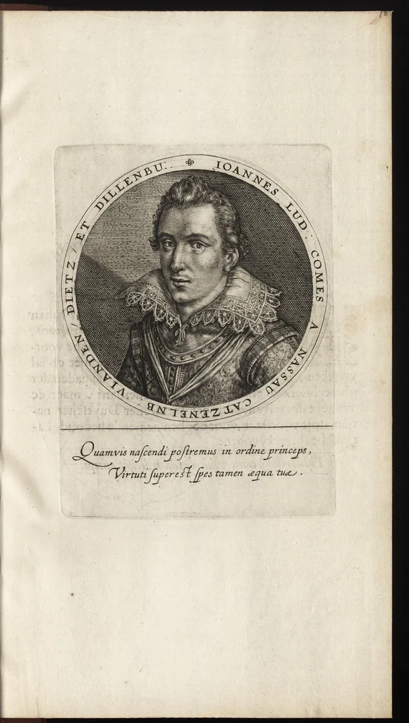 An illustration from Nassovischen oraignien-boom : daer by ghevoecht, de conterfeytsels der voornaemster helden, die vvt desen stam ghesproten zijn, die hen (in tyden van oorlogen) in dese Vrye-landen ghebruyckt hebben = Malus aurantius Nassovicus : continens simulachra heroum ex illustrissi stirpe Nassovica or. quorum consilio et armis libertas provinciar. confoed. Belgij hactenus conservata et defensa est, 1615, leaf 48