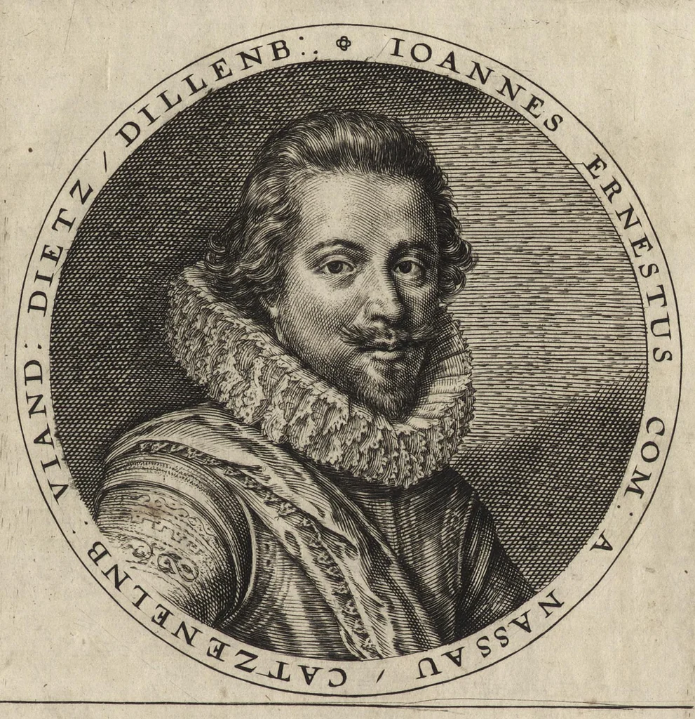 An illustration from Nassovischen oraignien-boom : daer by ghevoecht, de conterfeytsels der voornaemster helden, die vvt desen stam ghesproten zijn, die hen (in tyden van oorlogen) in dese Vrye-landen ghebruyckt hebben = Malus aurantius Nassovicus : continens simulachra heroum ex illustrissi stirpe Nassovica or. quorum consilio et armis libertas provinciar. confoed. Belgij hactenus conservata et defensa est, 1615, leaf 52