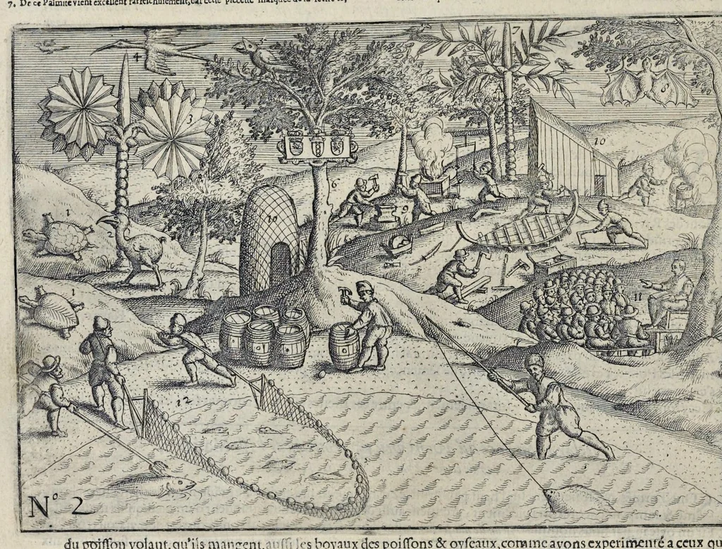 An illustration from Le second livre, journal ou comptoir, contenant le vray discours et narration historique, du voyage fait par les huit navires d'Amsterdam, au mois de mars l'an 1598, sous la conduite de l'admiral Iaques Cornille Nec, & du vice-admiral VVibrant de VVarvvic : de leur voyage & choses plus memorables eux audit voyage survenuës, de leur riche charge & sain retour ... : orné avec beaucoup de lames d'arain & cartes, joint leurs explications : aussi est icy adiousté un vocabulaire des mots françois, javans & malaites, 1609, leaf 13