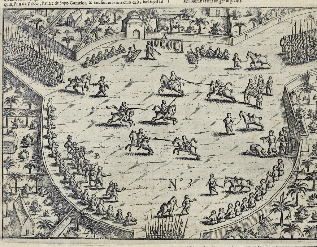 An illustration from Le second livre, journal ou comptoir, contenant le vray discours et narration historique, du voyage fait par les huit navires d'Amsterdam, au mois de mars l'an 1598, sous la conduite de l'admiral Iaques Cornille Nec, & du vice-admiral VVibrant de VVarvvic : de leur voyage & choses plus memorables eux audit voyage survenuës, de leur riche charge & sain retour ... : orné avec beaucoup de lames d'arain & cartes, joint leurs explications : aussi est icy adiousté un vocabulaire des mots françois, javans & malaites, 1609, leaf 19