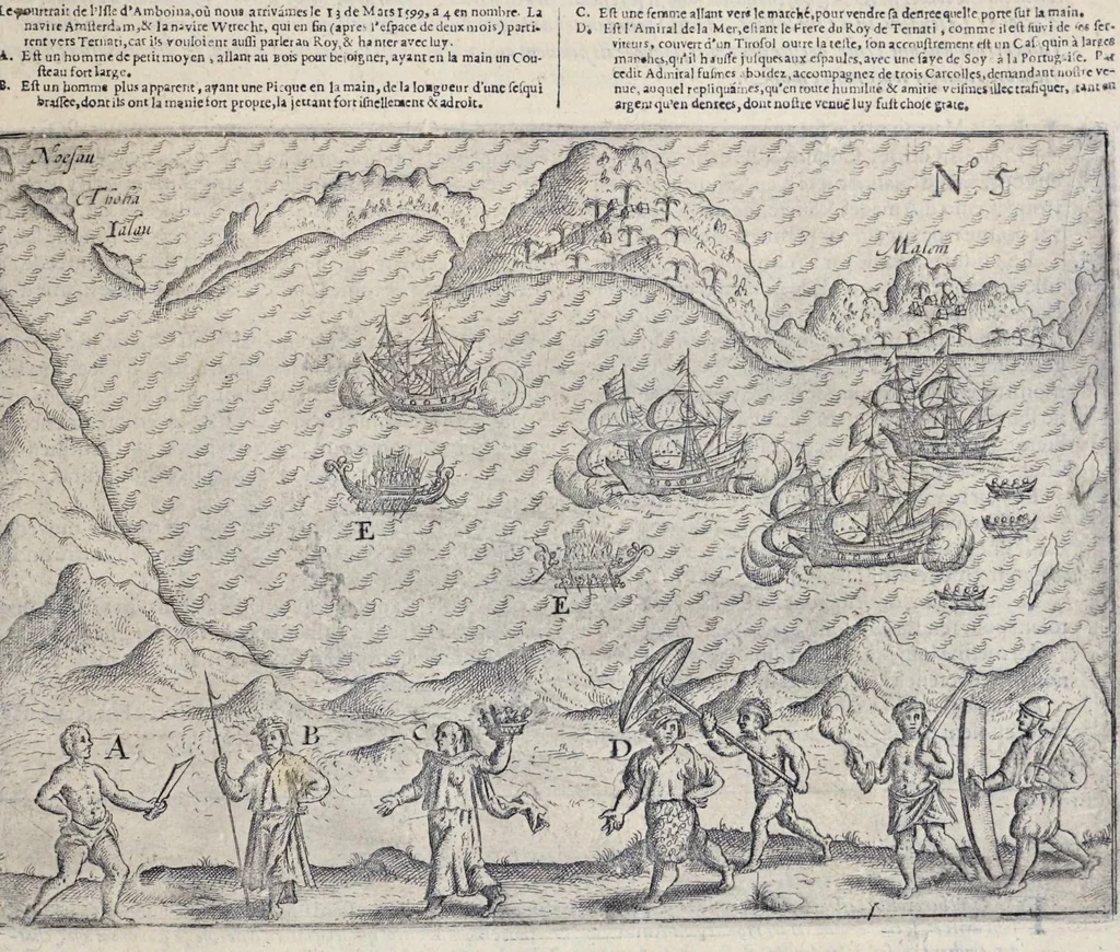 An illustration from Le second livre, journal ou comptoir, contenant le vray discours et narration historique, du voyage fait par les huit navires d'Amsterdam, au mois de mars l'an 1598, sous la conduite de l'admiral Iaques Cornille Nec, & du vice-admiral VVibrant de VVarvvic : de leur voyage & choses plus memorables eux audit voyage survenuës, de leur riche charge & sain retour ... : orné avec beaucoup de lames d'arain & cartes, joint leurs explications : aussi est icy adiousté un vocabulaire des mots françois, javans & malaites, 1609, leaf 24