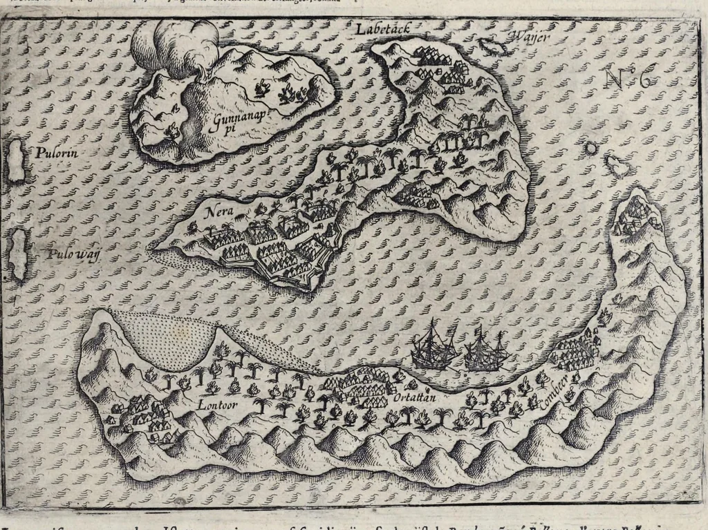 An illustration from Le second livre, journal ou comptoir, contenant le vray discours et narration historique, du voyage fait par les huit navires d'Amsterdam, au mois de mars l'an 1598, sous la conduite de l'admiral Iaques Cornille Nec, & du vice-admiral VVibrant de VVarvvic : de leur voyage & choses plus memorables eux audit voyage survenuës, de leur riche charge & sain retour ... : orné avec beaucoup de lames d'arain & cartes, joint leurs explications : aussi est icy adiousté un vocabulaire des mots françois, javans & malaites, 1609, leaf 26