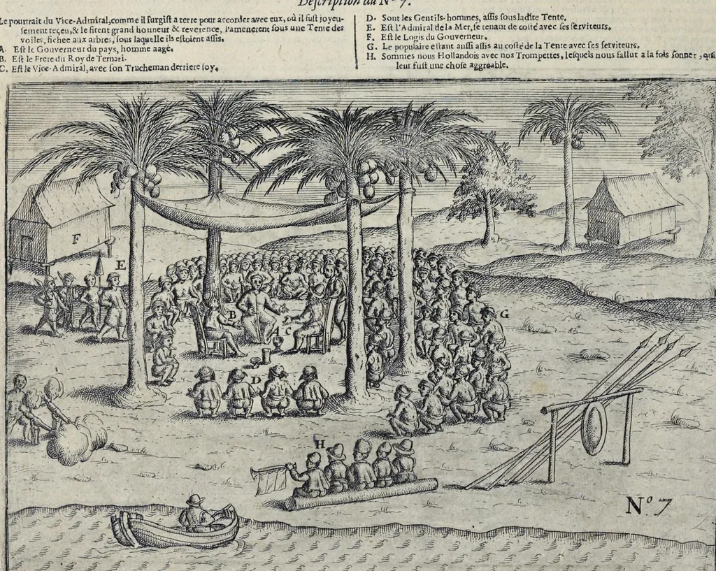 An illustration from Le second livre, journal ou comptoir, contenant le vray discours et narration historique, du voyage fait par les huit navires d'Amsterdam, au mois de mars l'an 1598, sous la conduite de l'admiral Iaques Cornille Nec, & du vice-admiral VVibrant de VVarvvic : de leur voyage & choses plus memorables eux audit voyage survenuës, de leur riche charge & sain retour ... : orné avec beaucoup de lames d'arain & cartes, joint leurs explications : aussi est icy adiousté un vocabulaire des mots françois, javans & malaites, 1609, leaf 27