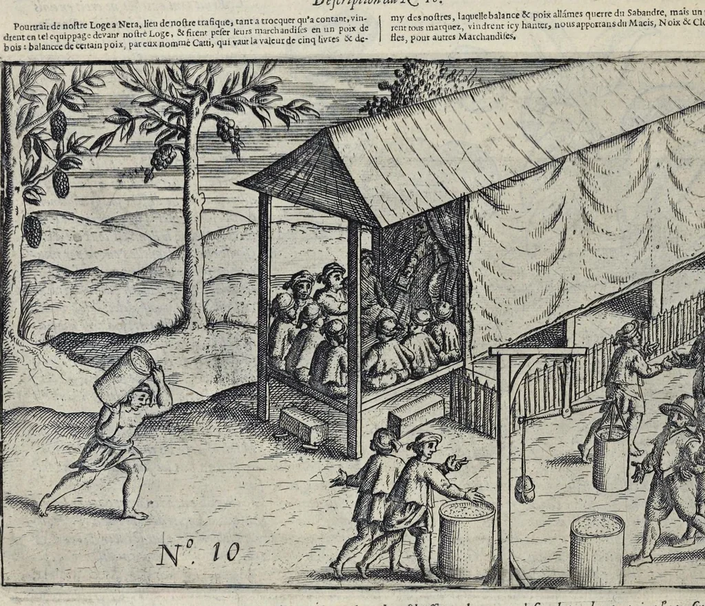 An illustration from Le second livre, journal ou comptoir, contenant le vray discours et narration historique, du voyage fait par les huit navires d'Amsterdam, au mois de mars l'an 1598, sous la conduite de l'admiral Iaques Cornille Nec, & du vice-admiral VVibrant de VVarvvic : de leur voyage & choses plus memorables eux audit voyage survenuës, de leur riche charge & sain retour ... : orné avec beaucoup de lames d'arain & cartes, joint leurs explications : aussi est icy adiousté un vocabulaire des mots françois, javans & malaites, 1609, leaf 31