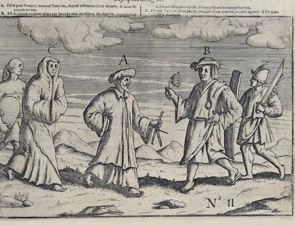 An illustration from Le second livre, journal ou comptoir, contenant le vray discours et narration historique, du voyage fait par les huit navires d'Amsterdam, au mois de mars l'an 1598, sous la conduite de l'admiral Iaques Cornille Nec, & du vice-admiral VVibrant de VVarvvic : de leur voyage & choses plus memorables eux audit voyage survenuës, de leur riche charge & sain retour ... : orné avec beaucoup de lames d'arain & cartes, joint leurs explications : aussi est icy adiousté un vocabulaire des mots françois, javans & malaites, 1609, leaf 32