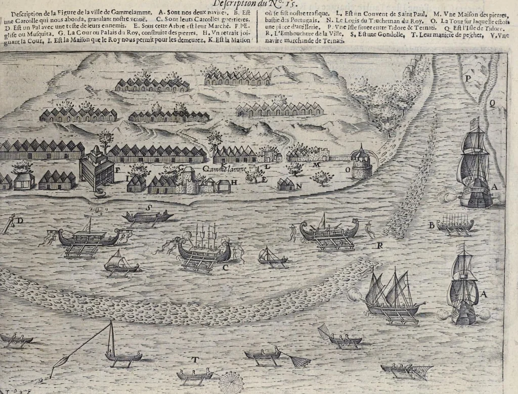 An illustration from Le second livre, journal ou comptoir, contenant le vray discours et narration historique, du voyage fait par les huit navires d'Amsterdam, au mois de mars l'an 1598, sous la conduite de l'admiral Iaques Cornille Nec, & du vice-admiral VVibrant de VVarvvic : de leur voyage & choses plus memorables eux audit voyage survenuës, de leur riche charge & sain retour ... : orné avec beaucoup de lames d'arain & cartes, joint leurs explications : aussi est icy adiousté un vocabulaire des mots françois, javans & malaites, 1609, leaf 42