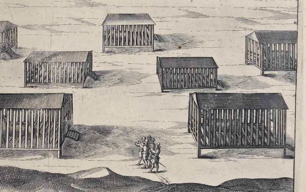 An illustration from Le second livre, journal ou comptoir, contenant le vray discours et narration historique, du voyage fait par les huit navires d'Amsterdam, au mois de mars l'an 1598, sous la conduite de l'admiral Iaques Cornille Nec, & du vice-admiral VVibrant de VVarvvic : de leur voyage & choses plus memorables eux audit voyage survenuës, de leur riche charge & sain retour ... : orné avec beaucoup de lames d'arain & cartes, joint leurs explications : aussi est icy adiousté un vocabulaire des mots françois, javans & malaites, 1609, leaf 64