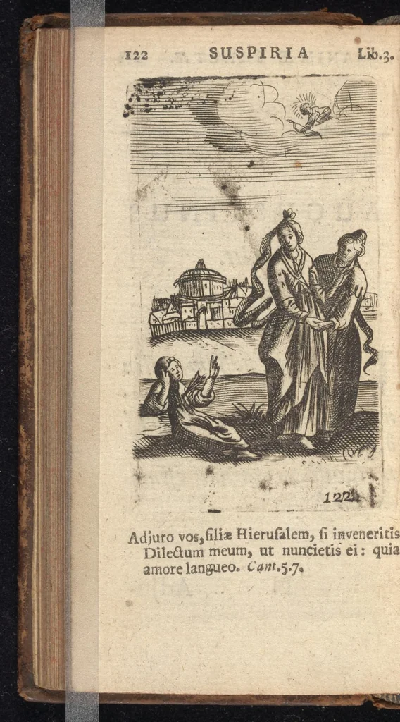 An illustration from Pia desideria, viz. 1. Gemitus animae poenitentis, 2. Vota animae sanctae, 3. Suspiria animae amantis, 1677, leaf 143