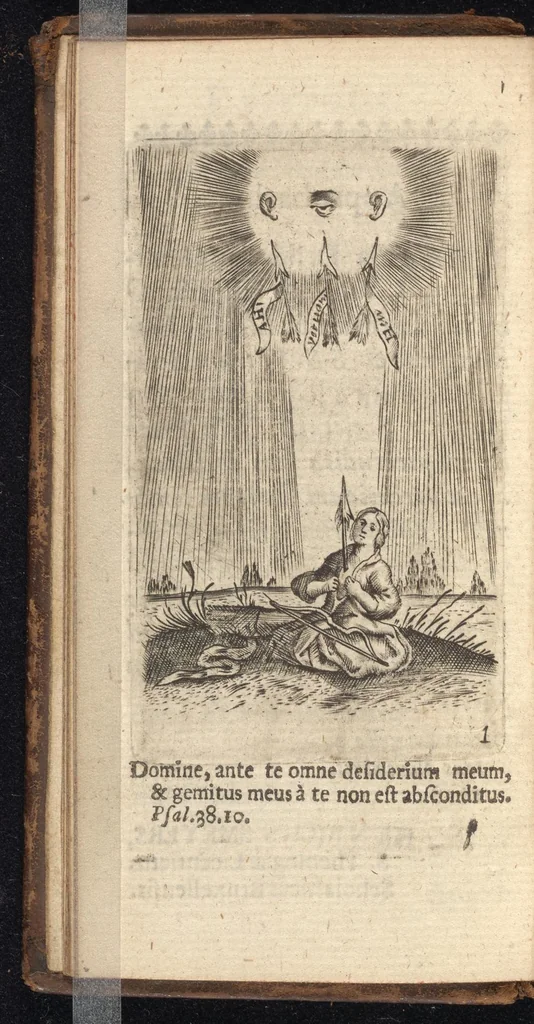 An illustration from Pia desideria, viz. 1. Gemitus animae poenitentis, 2. Vota animae sanctae, 3. Suspiria animae amantis, 1677, leaf 19