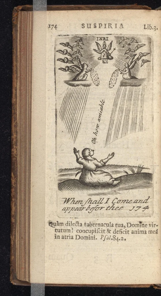 An illustration from Pia desideria, viz. 1. Gemitus animae poenitentis, 2. Vota animae sanctae, 3. Suspiria animae amantis, 1677, leaf 195