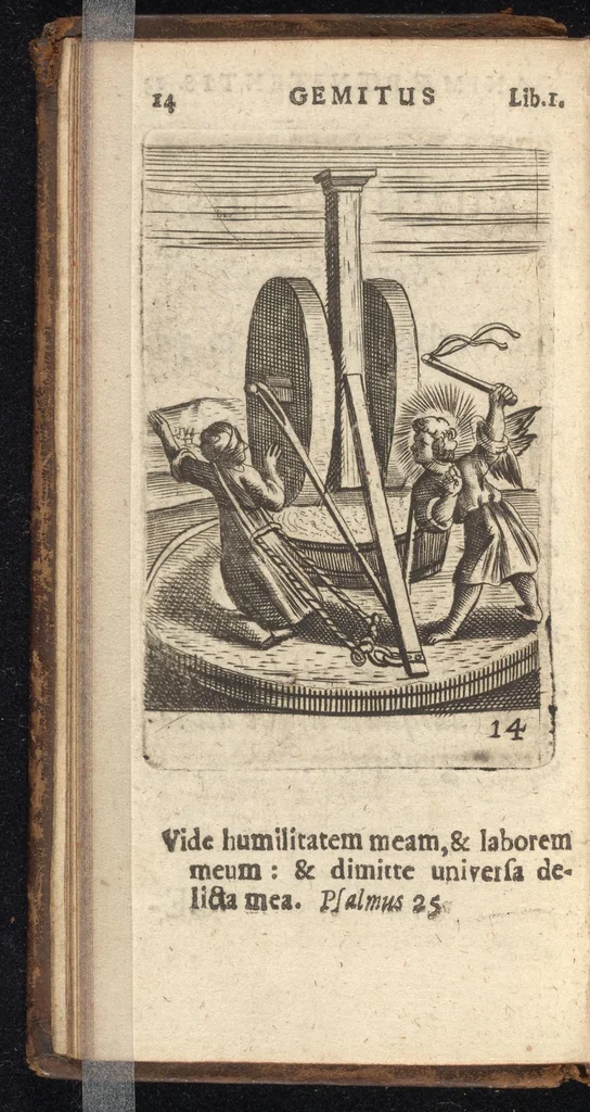 An illustration from Pia desideria, viz. 1. Gemitus animae poenitentis, 2. Vota animae sanctae, 3. Suspiria animae amantis, 1677, leaf 35