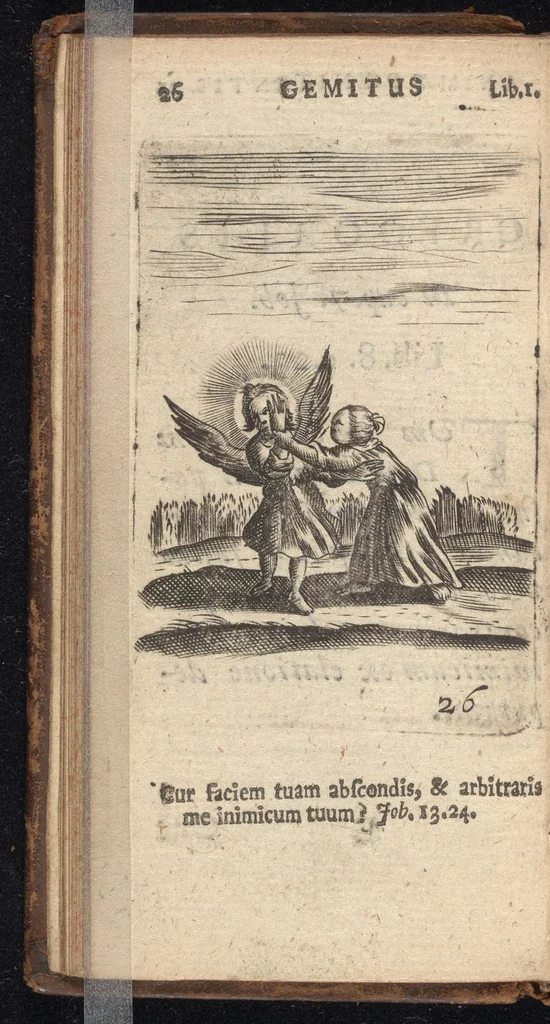 An illustration from Pia desideria, viz. 1. Gemitus animae poenitentis, 2. Vota animae sanctae, 3. Suspiria animae amantis, 1677, leaf 47