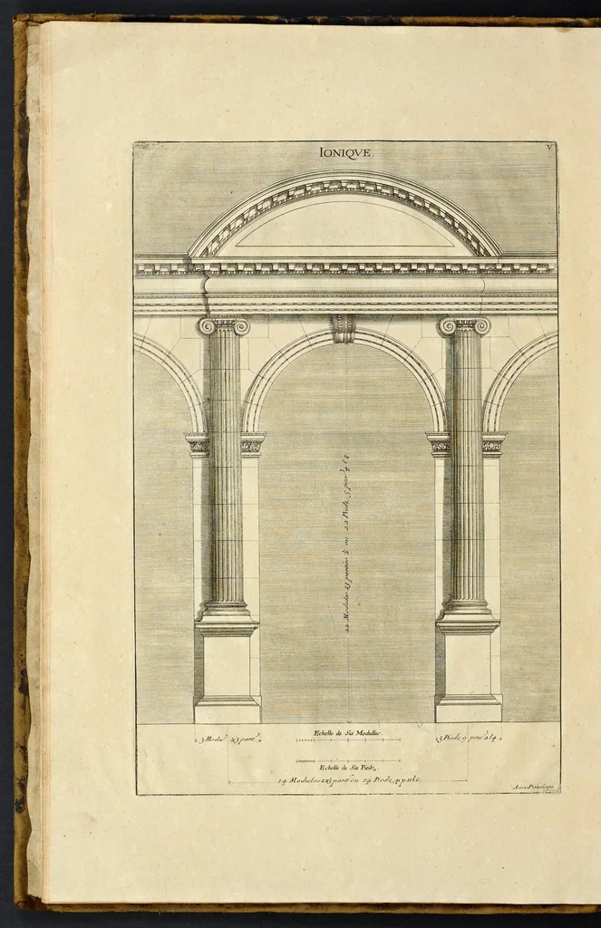 An illustration from Traité des manieres de dessiner les ordres de l'architectvre antiqve en tovtes levrs parties : avec plusieurs belles particularitez qui nont point parû jusques a present, touch.t les bastim.ts de marque comme, la natvrelle entresuitte des gros et menüs membres de leurs degrez ou escaliers : puis, le moyen darrester par dessein et modelle en petit, les parties d'vn edifice, en sorte questant executé en grand, il fasse l'effet que l'on sest proposé : et enfin, la pratiqve de trouuer la place geometrale des jours, ombres et ombrages sur les corps geometraux, leaf 17