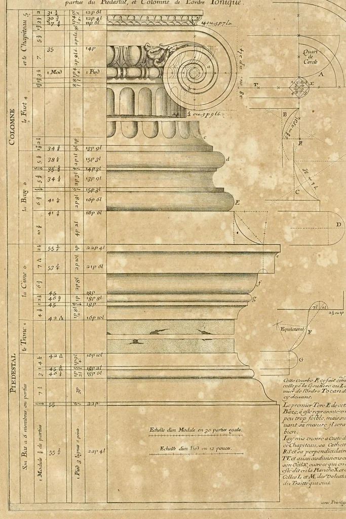 An illustration from Traité des manieres de dessiner les ordres de l'architectvre antiqve en tovtes levrs parties : avec plusieurs belles particularitez qui nont point parû jusques a present, touch.t les bastim.ts de marque comme, la natvrelle entresuitte des gros et menüs membres de leurs degrez ou escaliers : puis, le moyen darrester par dessein et modelle en petit, les parties d'vn edifice, en sorte questant executé en grand, il fasse l'effet que l'on sest proposé : et enfin, la pratiqve de trouuer la place geometrale des jours, ombres et ombrages sur les corps geometraux, leaf 47