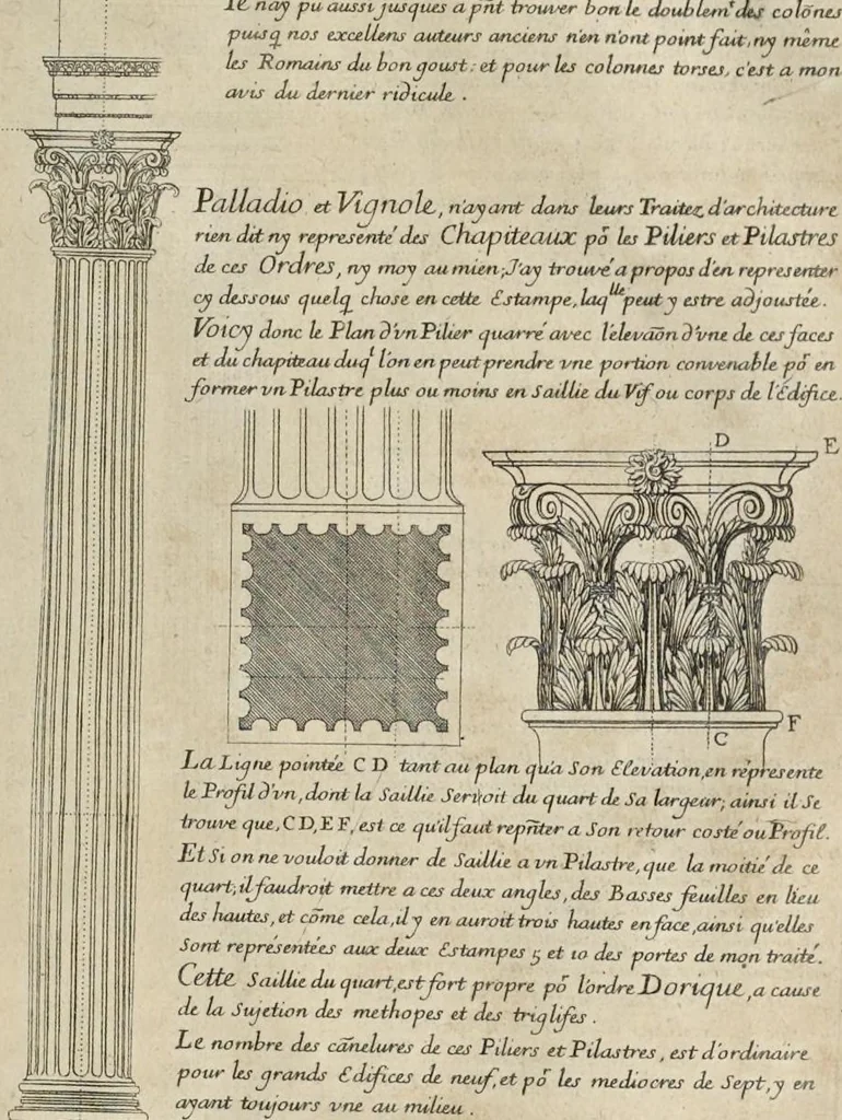 An illustration from Representations geometrales de plusieurs parties de bastiments faites par les reigles de l'architectvre antiqve : et de qui les mesures sont reduittes en piedz, poulces & lignes, afin de saccommoder a la maniere de mesurer la plus en vzage parmy le commun des ouuriers, 1688, leaf 32