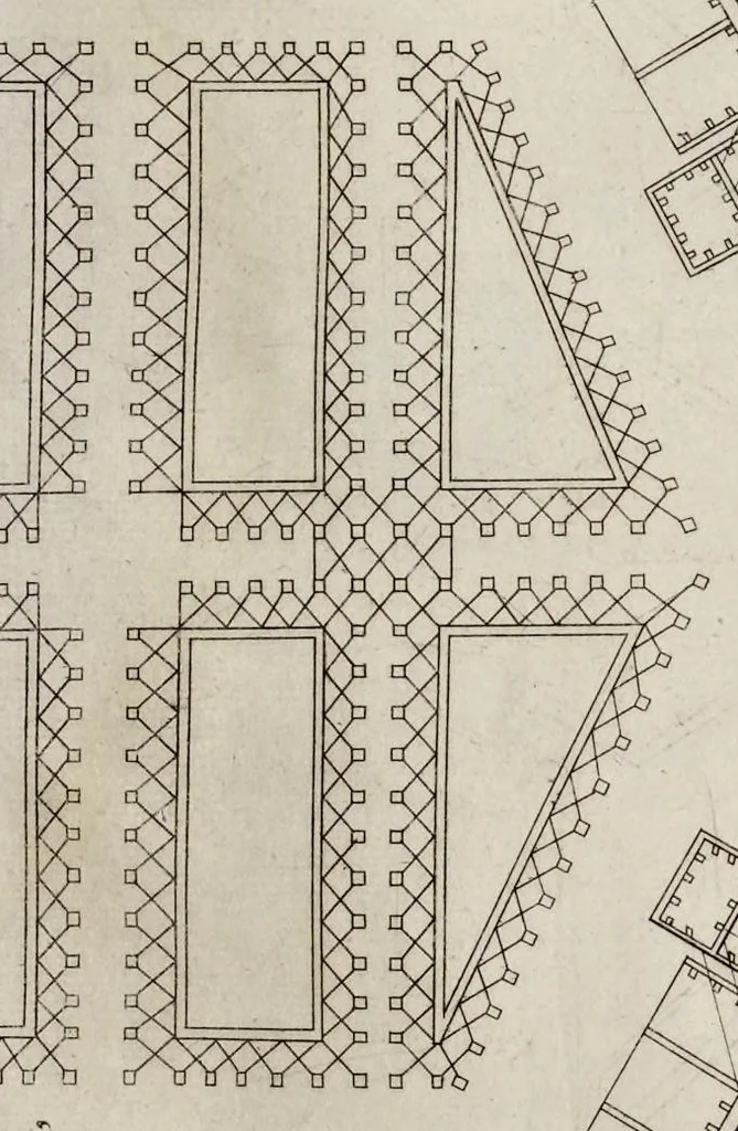 An illustration from Della architettvra militare del capitanio Francesco de' Marchi bolognese, gentil'hvomo romano, libri tre : nelli qvali si descrivono li veri modi del fortificare, che si vsa a' tempi moderni : con vn breve, et vtile trattato, nel quale si dimostrano li modi del fabricar l'artigliaria, & la prattica di adoperarla, da quelli che hanno carico di essa, 1599, leaf 150