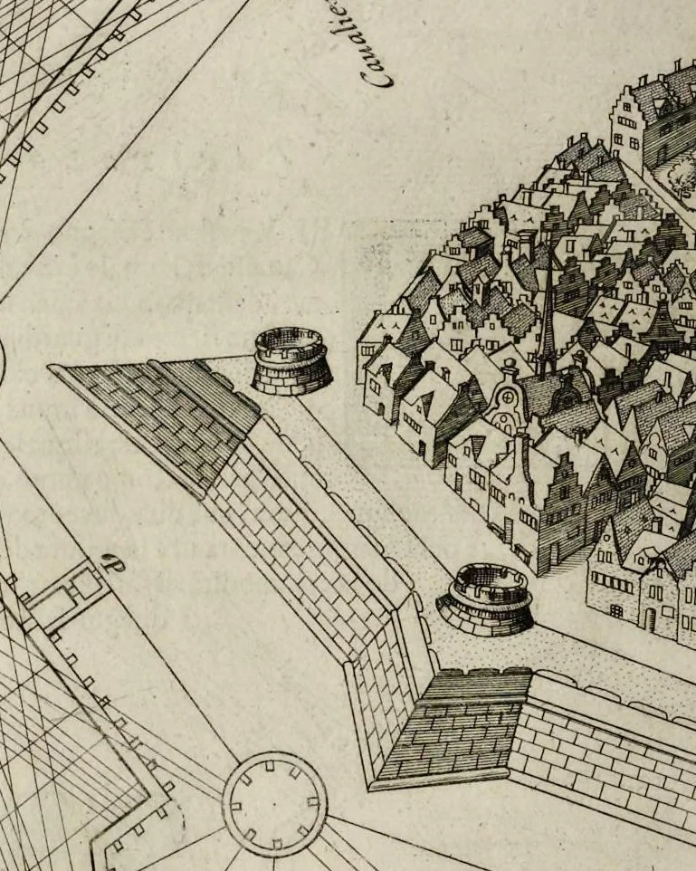 An illustration from Della architettvra militare del capitanio Francesco de' Marchi bolognese, gentil'hvomo romano, libri tre : nelli qvali si descrivono li veri modi del fortificare, che si vsa a' tempi moderni : con vn breve, et vtile trattato, nel quale si dimostrano li modi del fabricar l'artigliaria, & la prattica di adoperarla, da quelli che hanno carico di essa, 1599, leaf 185