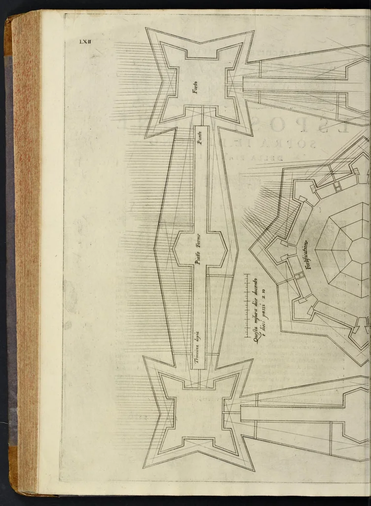 An illustration from Della architettvra militare del capitanio Francesco de' Marchi bolognese, gentil'hvomo romano, libri tre : nelli qvali si descrivono li veri modi del fortificare, che si vsa a' tempi moderni : con vn breve, et vtile trattato, nel quale si dimostrano li modi del fabricar l'artigliaria, & la prattica di adoperarla, da quelli che hanno carico di essa, 1599, leaf 313