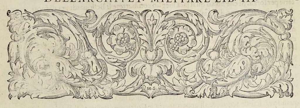 An illustration from Della architettvra militare del capitanio Francesco de' Marchi bolognese, gentil'hvomo romano, libri tre : nelli qvali si descrivono li veri modi del fortificare, che si vsa a' tempi moderni : con vn breve, et vtile trattato, nel quale si dimostrano li modi del fabricar l'artigliaria, & la prattica di adoperarla, da quelli che hanno carico di essa, 1599, leaf 352