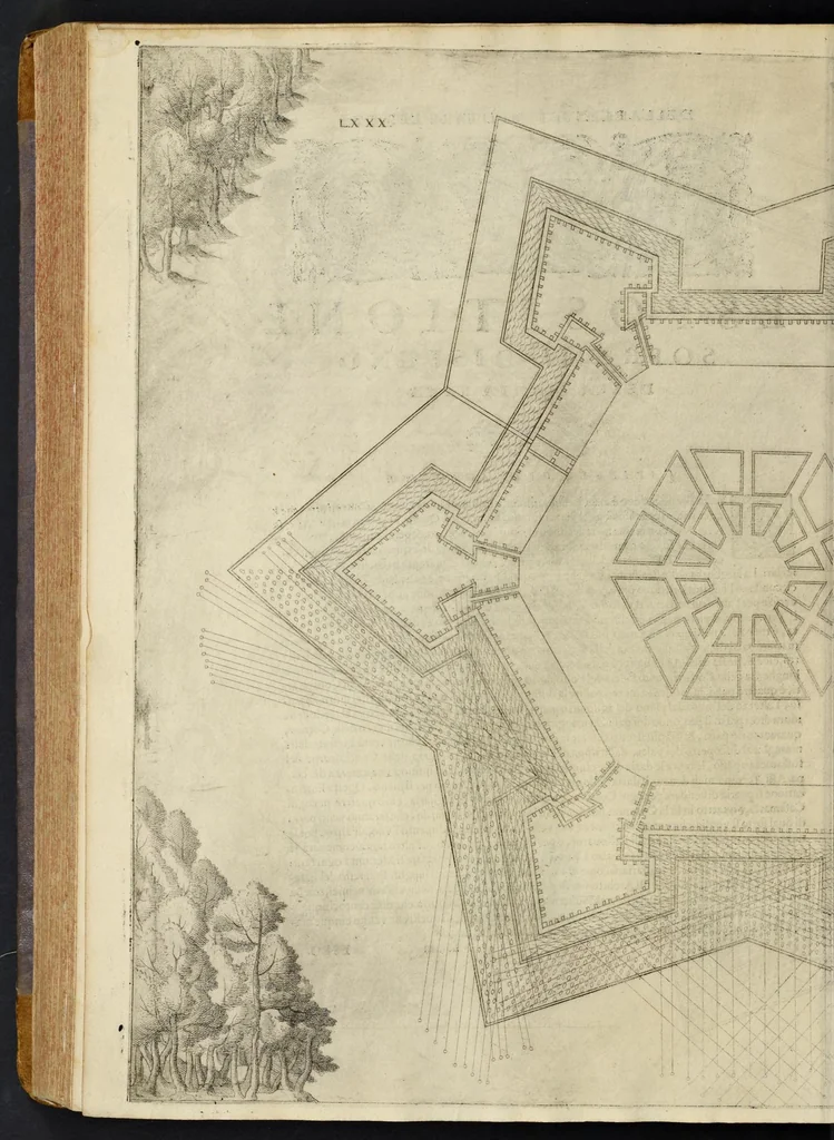 An illustration from Della architettvra militare del capitanio Francesco de' Marchi bolognese, gentil'hvomo romano, libri tre : nelli qvali si descrivono li veri modi del fortificare, che si vsa a' tempi moderni : con vn breve, et vtile trattato, nel quale si dimostrano li modi del fabricar l'artigliaria, & la prattica di adoperarla, da quelli che hanno carico di essa, 1599, leaf 369