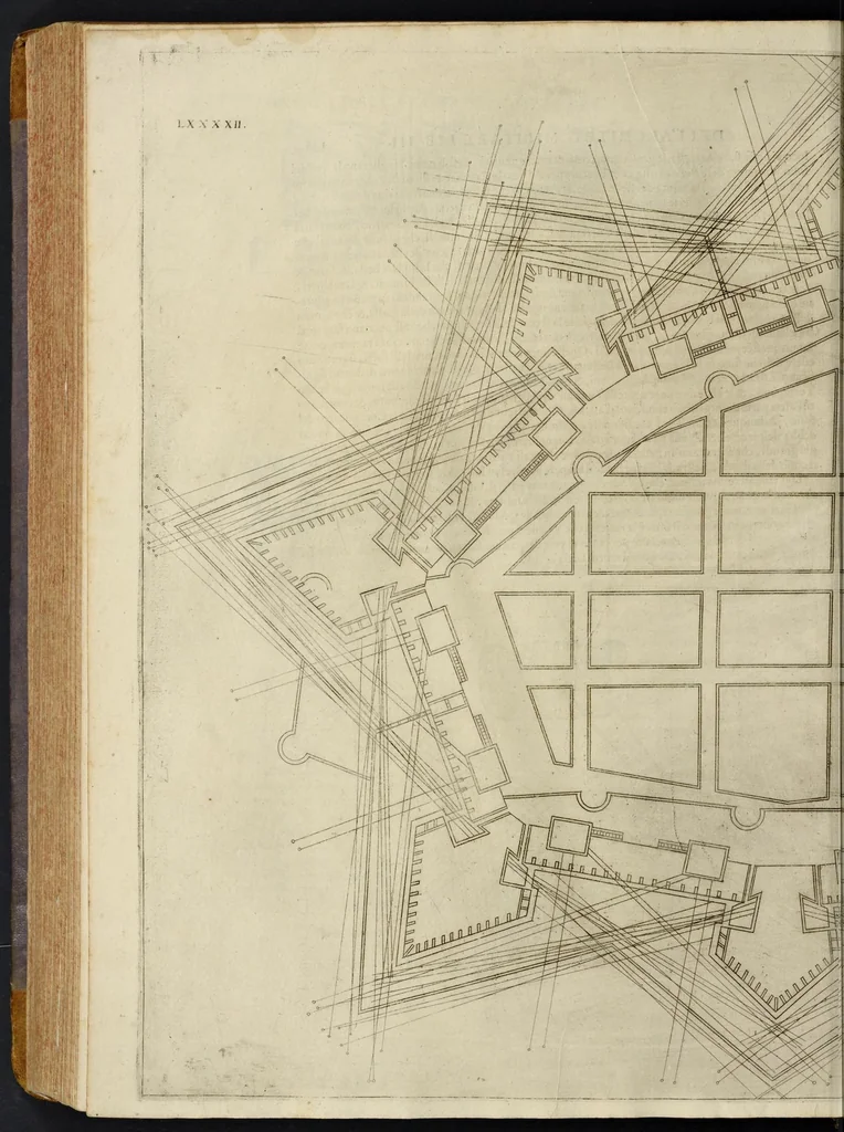 An illustration from Della architettvra militare del capitanio Francesco de' Marchi bolognese, gentil'hvomo romano, libri tre : nelli qvali si descrivono li veri modi del fortificare, che si vsa a' tempi moderni : con vn breve, et vtile trattato, nel quale si dimostrano li modi del fabricar l'artigliaria, & la prattica di adoperarla, da quelli che hanno carico di essa, 1599, leaf 417