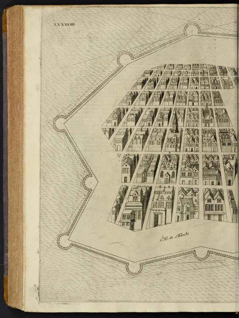 An illustration from Della architettvra militare del capitanio Francesco de' Marchi bolognese, gentil'hvomo romano, libri tre : nelli qvali si descrivono li veri modi del fortificare, che si vsa a' tempi moderni : con vn breve, et vtile trattato, nel quale si dimostrano li modi del fabricar l'artigliaria, & la prattica di adoperarla, da quelli che hanno carico di essa, 1599, leaf 425