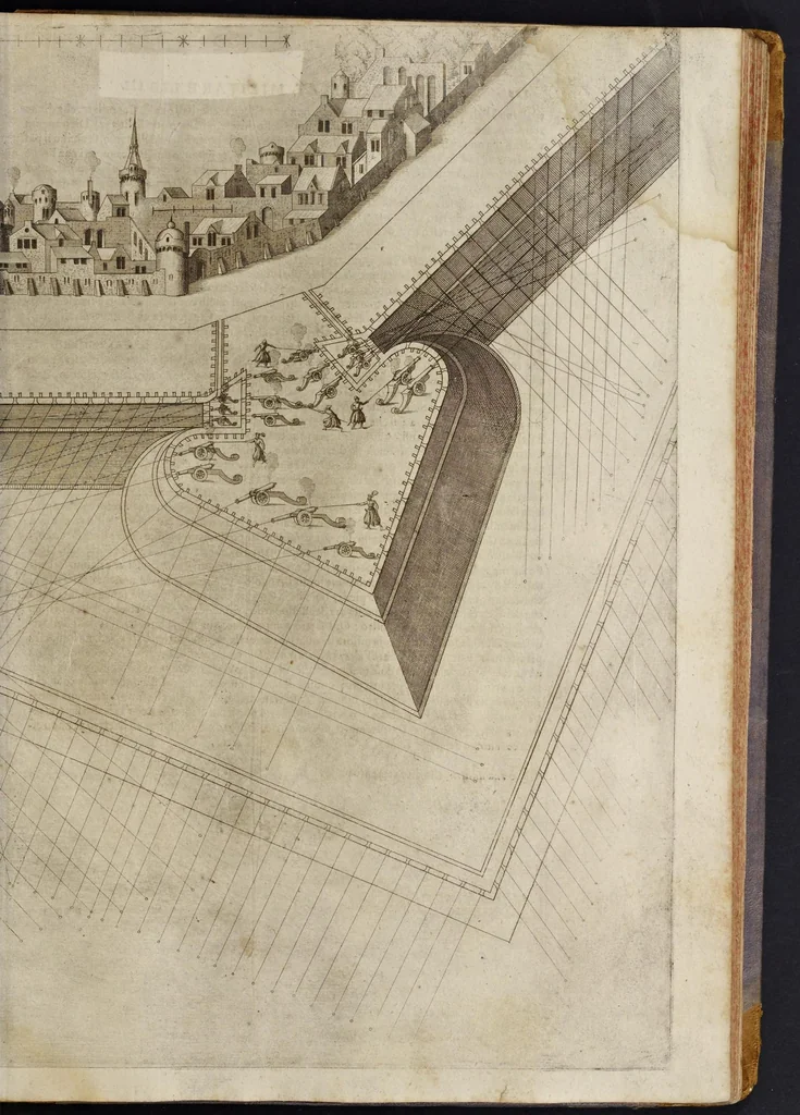An illustration from Della architettvra militare del capitanio Francesco de' Marchi bolognese, gentil'hvomo romano, libri tre : nelli qvali si descrivono li veri modi del fortificare, che si vsa a' tempi moderni : con vn breve, et vtile trattato, nel quale si dimostrano li modi del fabricar l'artigliaria, & la prattica di adoperarla, da quelli che hanno carico di essa, 1599, leaf 526