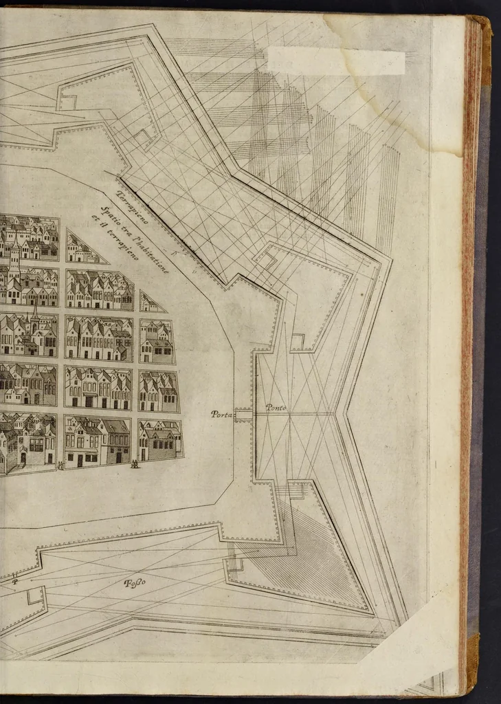 An illustration from Della architettvra militare del capitanio Francesco de' Marchi bolognese, gentil'hvomo romano, libri tre : nelli qvali si descrivono li veri modi del fortificare, che si vsa a' tempi moderni : con vn breve, et vtile trattato, nel quale si dimostrano li modi del fabricar l'artigliaria, & la prattica di adoperarla, da quelli che hanno carico di essa, 1599, leaf 550