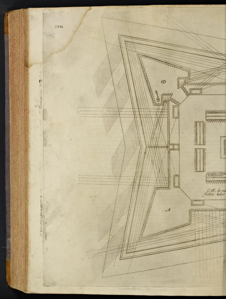 An illustration from Della architettvra militare del capitanio Francesco de' Marchi bolognese, gentil'hvomo romano, libri tre : nelli qvali si descrivono li veri modi del fortificare, che si vsa a' tempi moderni : con vn breve, et vtile trattato, nel quale si dimostrano li modi del fabricar l'artigliaria, & la prattica di adoperarla, da quelli che hanno carico di essa, 1599, leaf 561