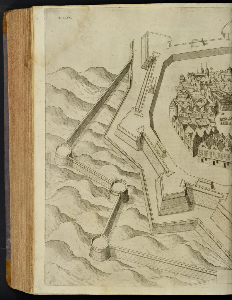 An illustration from Della architettvra militare del capitanio Francesco de' Marchi bolognese, gentil'hvomo romano, libri tre : nelli qvali si descrivono li veri modi del fortificare, che si vsa a' tempi moderni : con vn breve, et vtile trattato, nel quale si dimostrano li modi del fabricar l'artigliaria, & la prattica di adoperarla, da quelli che hanno carico di essa, 1599, leaf 621