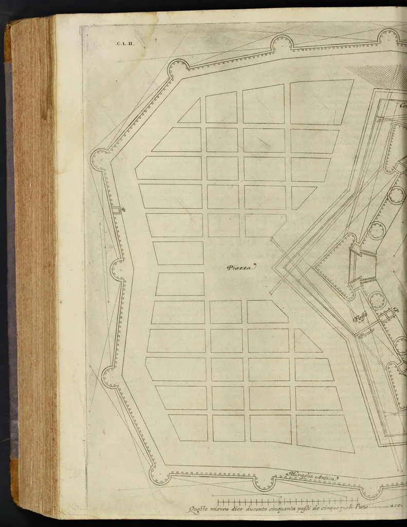An illustration from Della architettvra militare del capitanio Francesco de' Marchi bolognese, gentil'hvomo romano, libri tre : nelli qvali si descrivono li veri modi del fortificare, che si vsa a' tempi moderni : con vn breve, et vtile trattato, nel quale si dimostrano li modi del fabricar l'artigliaria, & la prattica di adoperarla, da quelli che hanno carico di essa, 1599, leaf 637