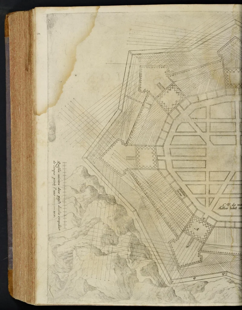An illustration from Della architettvra militare del capitanio Francesco de' Marchi bolognese, gentil'hvomo romano, libri tre : nelli qvali si descrivono li veri modi del fortificare, che si vsa a' tempi moderni : con vn breve, et vtile trattato, nel quale si dimostrano li modi del fabricar l'artigliaria, & la prattica di adoperarla, da quelli che hanno carico di essa, 1599, leaf 661