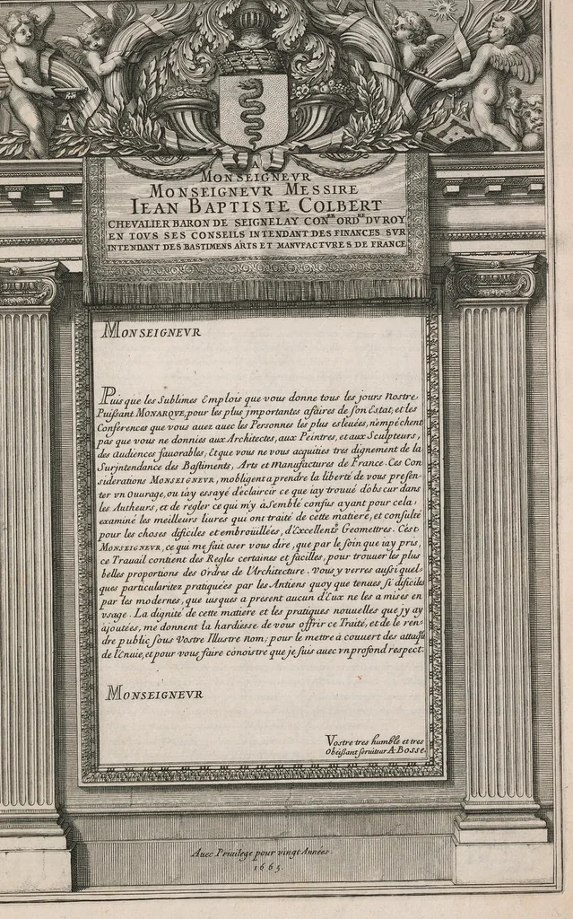An illustration from Traité des manieres de dessiner les ordres de l'architectvre antiqve en tovtes levrs parties. Avec plusieurs belles particularitez qui nont point parû jusques a present, toucha.t les bastim.ts de marque comme, la natvrelle entresuitte des gros et menüs membres de leurs degrez ou escaliers. Puis, le moyen darrester par dessein et modelle en petit, les parties d'vn edifice, en sorte questant executé en grand, il fasse l'effet que l'on sest proposé, et enfin, la pratiqve de trouuer la place geometrale des jours, ombres et ombrages sur les corps geometraux, 1665, leaf 10