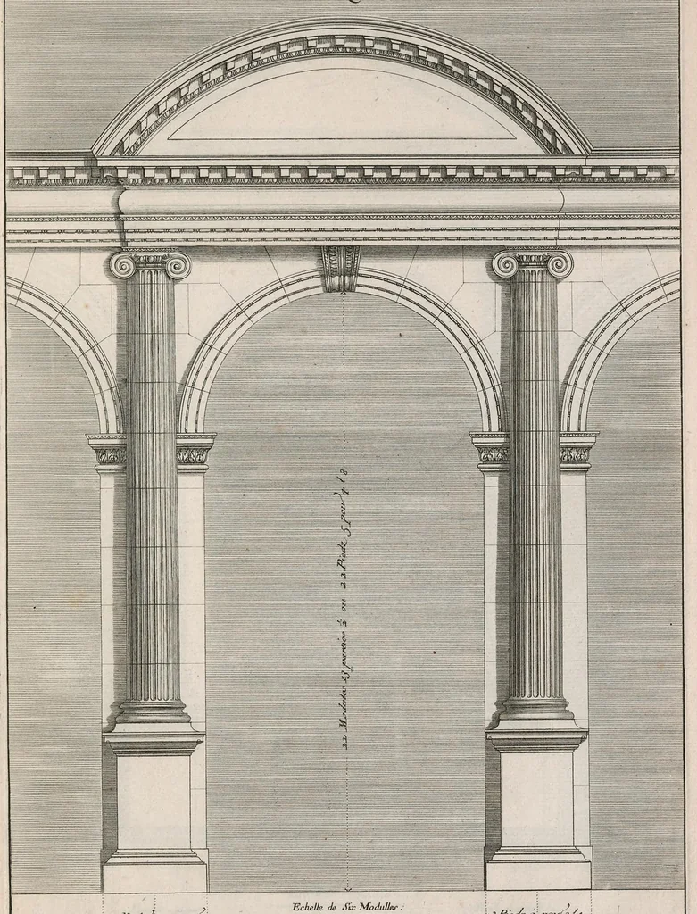 An illustration from Traité des manieres de dessiner les ordres de l'architectvre antiqve en tovtes levrs parties. Avec plusieurs belles particularitez qui nont point parû jusques a present, toucha.t les bastim.ts de marque comme, la natvrelle entresuitte des gros et menüs membres de leurs degrez ou escaliers. Puis, le moyen darrester par dessein et modelle en petit, les parties d'vn edifice, en sorte questant executé en grand, il fasse l'effet que l'on sest proposé, et enfin, la pratiqve de trouuer la place geometrale des jours, ombres et ombrages sur les corps geometraux, 1665, leaf 20