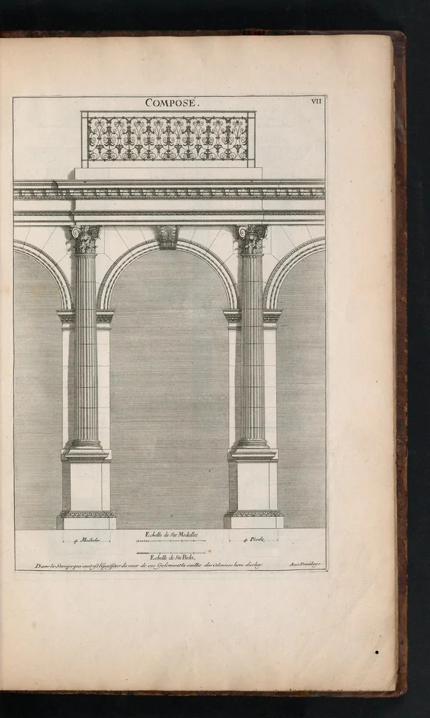 An illustration from Traité des manieres de dessiner les ordres de l'architectvre antiqve en tovtes levrs parties. Avec plusieurs belles particularitez qui nont point parû jusques a present, toucha.t les bastim.ts de marque comme, la natvrelle entresuitte des gros et menüs membres de leurs degrez ou escaliers. Puis, le moyen darrester par dessein et modelle en petit, les parties d'vn edifice, en sorte questant executé en grand, il fasse l'effet que l'on sest proposé, et enfin, la pratiqve de trouuer la place geometrale des jours, ombres et ombrages sur les corps geometraux, 1665, leaf 24