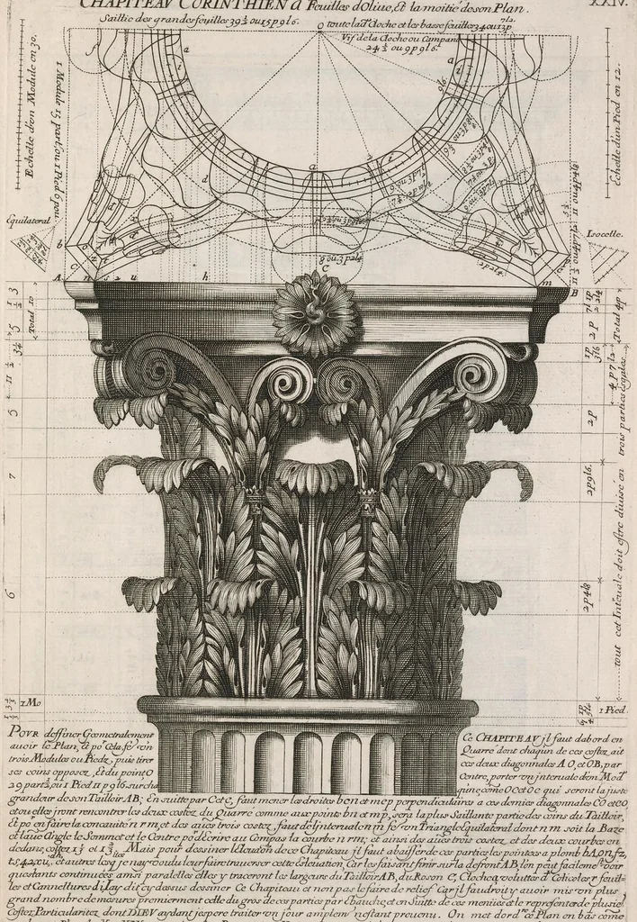 An illustration from Traité des manieres de dessiner les ordres de l'architectvre antiqve en tovtes levrs parties. Avec plusieurs belles particularitez qui nont point parû jusques a present, toucha.t les bastim.ts de marque comme, la natvrelle entresuitte des gros et menüs membres de leurs degrez ou escaliers. Puis, le moyen darrester par dessein et modelle en petit, les parties d'vn edifice, en sorte questant executé en grand, il fasse l'effet que l'on sest proposé, et enfin, la pratiqve de trouuer la place geometrale des jours, ombres et ombrages sur les corps geometraux, 1665, leaf 58