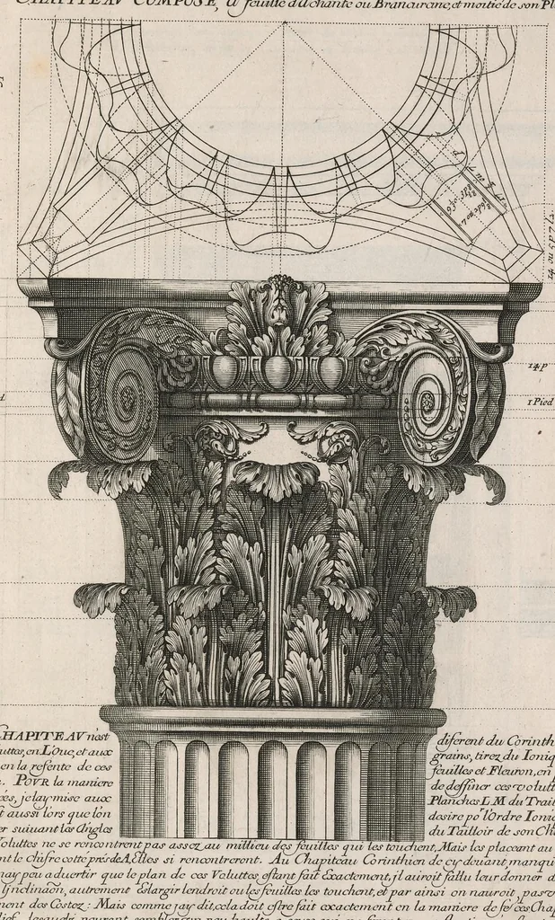An illustration from Traité des manieres de dessiner les ordres de l'architectvre antiqve en tovtes levrs parties. Avec plusieurs belles particularitez qui nont point parû jusques a present, toucha.t les bastim.ts de marque comme, la natvrelle entresuitte des gros et menüs membres de leurs degrez ou escaliers. Puis, le moyen darrester par dessein et modelle en petit, les parties d'vn edifice, en sorte questant executé en grand, il fasse l'effet que l'on sest proposé, et enfin, la pratiqve de trouuer la place geometrale des jours, ombres et ombrages sur les corps geometraux, 1665, leaf 64