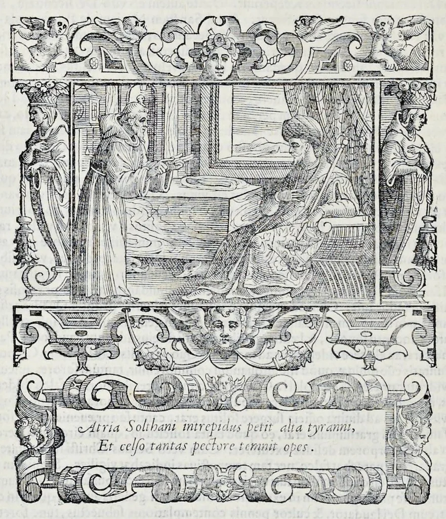 An illustration from Historiarvm seraphicae religionis libri tres, seriem temporum continentes, quibus breui explicantur fundamenta, uniuersiq[ue] ordinis amplificatio, gradus, et instituta; nec non uiri scientia, uirtutibus, et fama praeclari, 1586, leaf 111