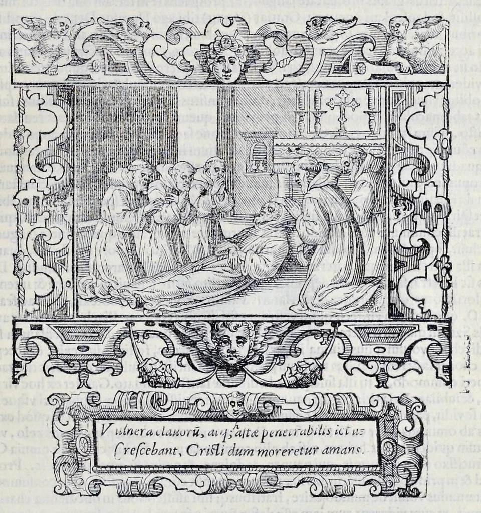 An illustration from Historiarvm seraphicae religionis libri tres, seriem temporum continentes, quibus breui explicantur fundamenta, uniuersiq[ue] ordinis amplificatio, gradus, et instituta; nec non uiri scientia, uirtutibus, et fama praeclari, 1586, leaf 130