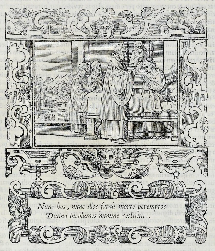 An illustration from Historiarvm seraphicae religionis libri tres, seriem temporum continentes, quibus breui explicantur fundamenta, uniuersiq[ue] ordinis amplificatio, gradus, et instituta; nec non uiri scientia, uirtutibus, et fama praeclari, 1586, leaf 139